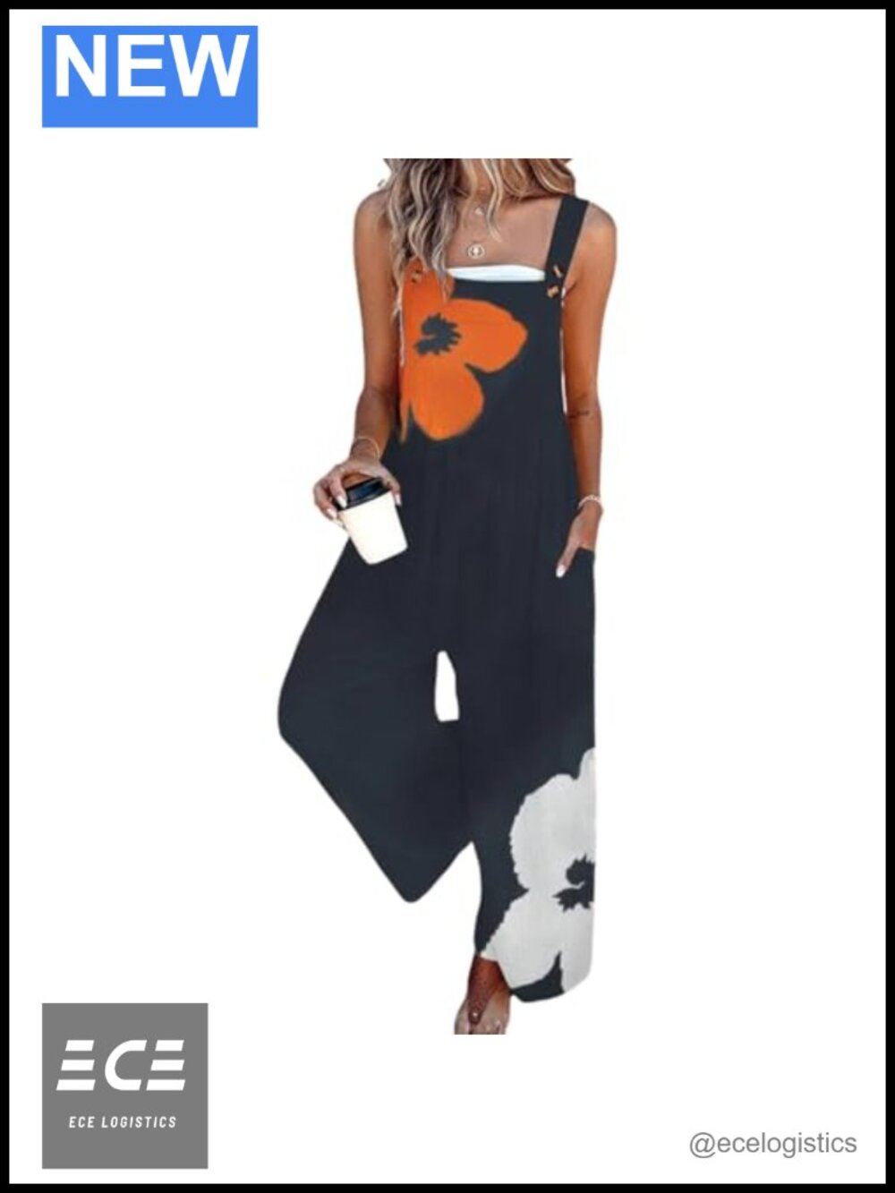 Sleeveless Wide Leg Jumpsuit with Pockets - Square Neck Stretch Floral Print